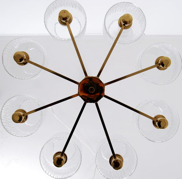 EIGHT SHADE GLASS AND BRASS CHANDELIER, 1960s